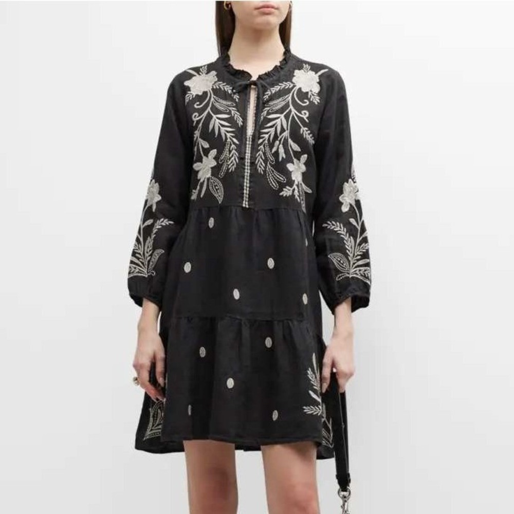 Johnny Was Frankie Tiered Field Dress Linen Shift Black Embroidered Floral Sz S